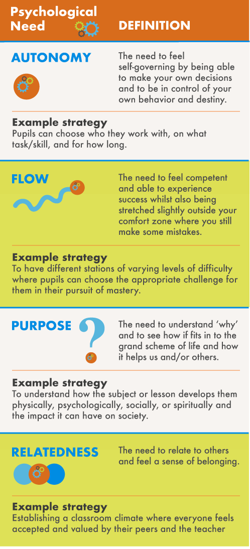 Table outlining the four psychological needs: Autonomy, Purpose, Flow, Relatedness
